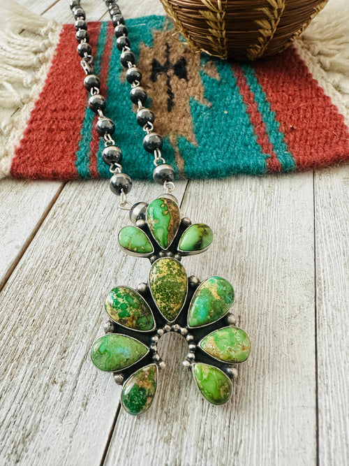 Navajo Sterling Silver & Sonoran Gold Turquoise Beaded Naja Necklace Signed