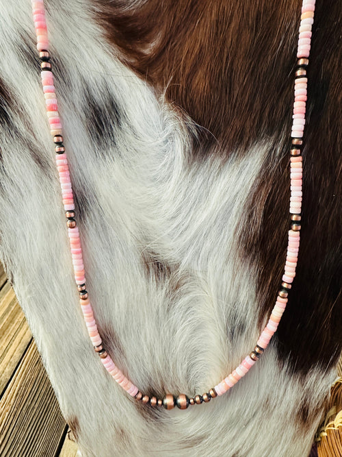 Handcrafted Queen Pink Conch & Copper 24” Beaded Necklace
