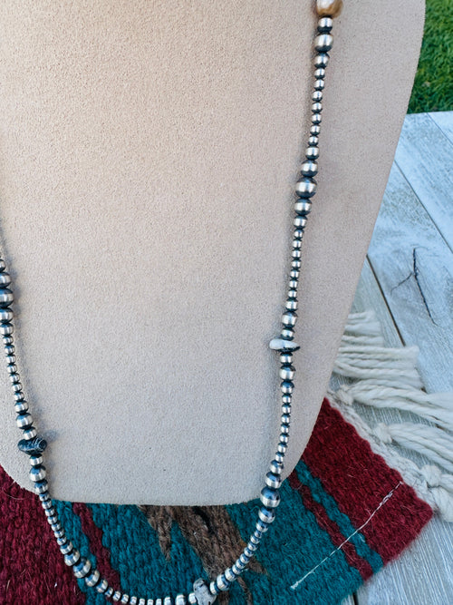 Handcrafted White Buffalo & Sterling Silver Navajo Pearl Style 24” Beaded Necklace