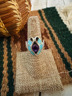 Old Pawn Handcrafted Turquoise, Amethyst & Sterling Silver Ring Size 7
