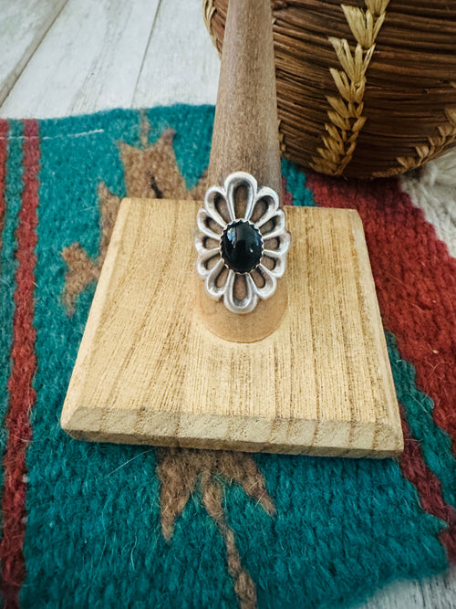 Navajo Sterling Silver & Onyx Flower Ring