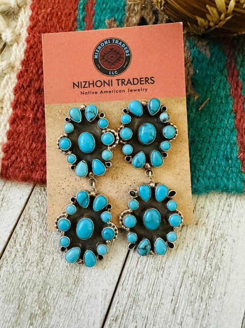 Navajo Sterling Silver & Sleeping Beauty Turquoise Cluster Dangle Earrings by Eula Wylie