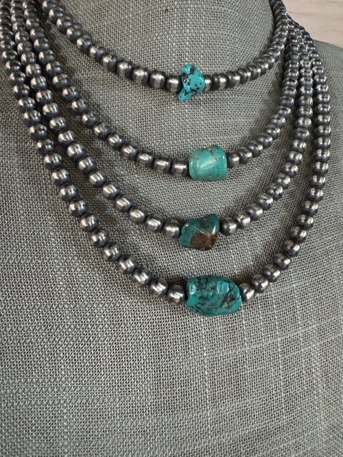 Handcrafted Kingman Turquoise & Sterling Silver 6mm Beaded Necklace