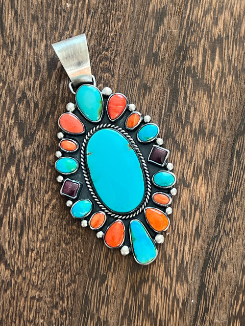 Navajo Electric Rainbow Turquoise and Spiny Oyster Pendant by Angela Martin