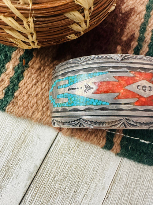 Old Pawn Navajo Coral, Turquoise & Sterling Silver Chip Inlay Cuff Bracelet