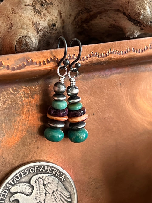 Handcrafted Summer Lovin’ Sterling Silver, Turquoise and Spiny Oyster Beaded Drop Earrings