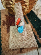 Old Pawn Handcrafted Turquoise, Coral & Sterling Silver Ring Size 8.75