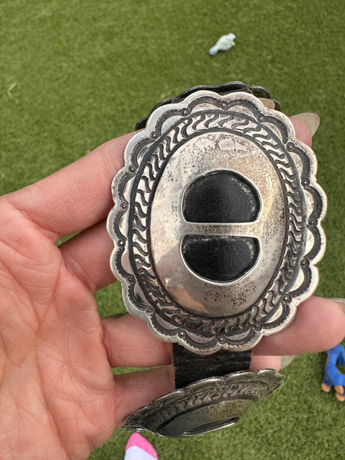 Handcrafted Vintage Old Pawn Black Leather Sterling Silver Concho Belt