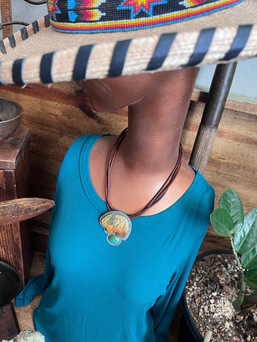 Tularosa Sterling Silver and Leather Red Creek Jasper Bear Necklace