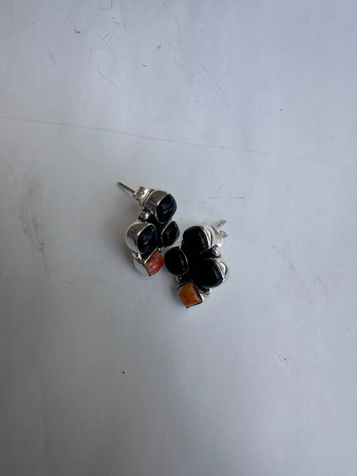 Beautiful Handmade Black Onyx & Sterling Silver Post Earrings Signed Nizhoni