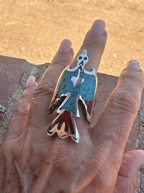 Old Pawn Navajo Coral and Turquoise Chip Inlay Waterbird Ring Size 13.5