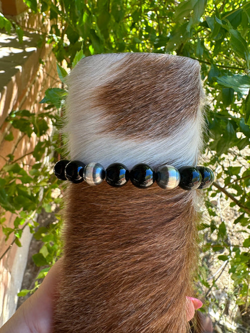 Navajo 10mm Sterling Silver Pearl & Black Onyx Beaded Bracele