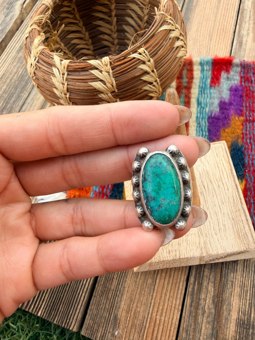 Old Pawn Handcrafted Turquoise & Sterling Silver Ring Size 8