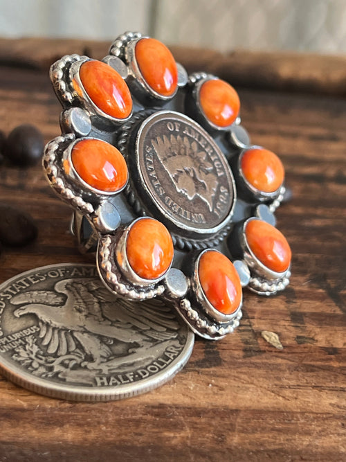 Apache Sterling Silver, Indian Head Penny and Spiny Oyster Shell Cluster Ring by Rosella Paxson, Size 9