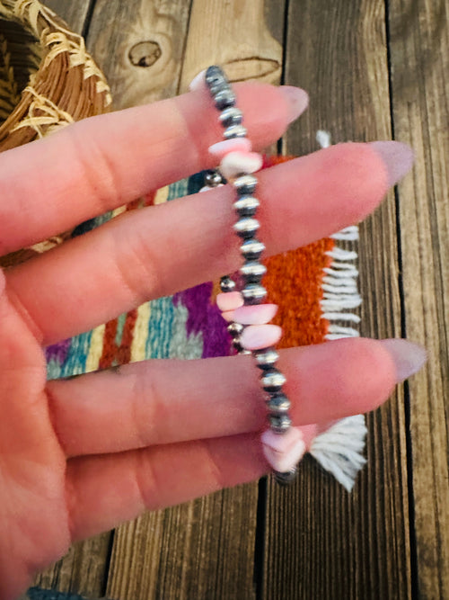 Handcrafted Queen Pink Conch & Sterling Silver Pearl Beaded Stretch Bracelet