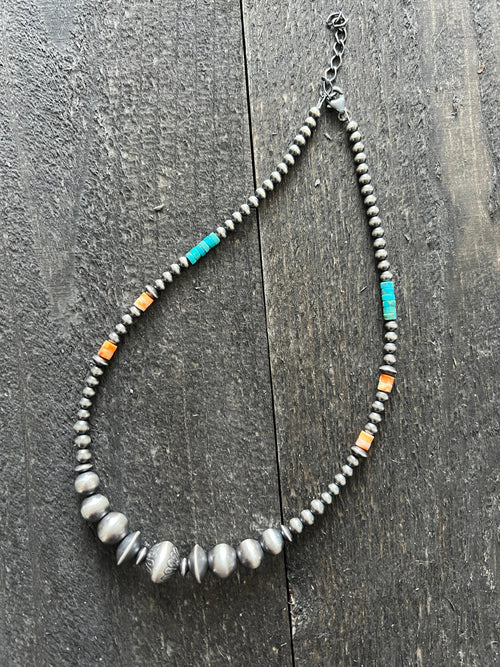 Summer Lovin’ Navajo Beaded Layering Necklace with Sterling Silver, Spiny Oyster Shell and Turquoise, 16” + 2”, The Flower Child