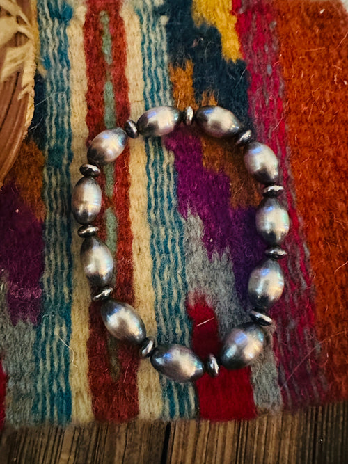 Handcrafed Sterling Silver Pearl Beaded Stretch Bracelet