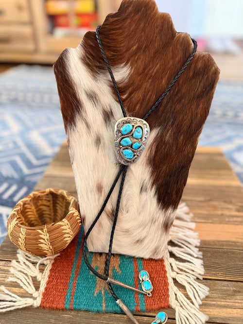 Handcrafted Vintage Old Pawn Sterling Silver & Turquoise Concho Bolo Tie by Effie Calavaza