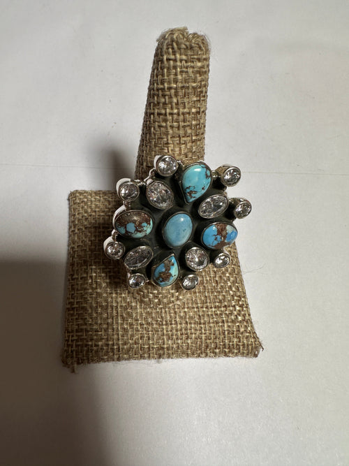 Beautiful Handmade Golden Hills Turquoise , CZ And Sterling Silver Adjustable Ring