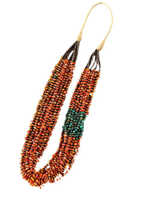 Gorgeous Santo Domingo Made Eight Strand Spiny Oyster and Turquoise Beaded Squaw Wrap Necklace by Daniel Coriz