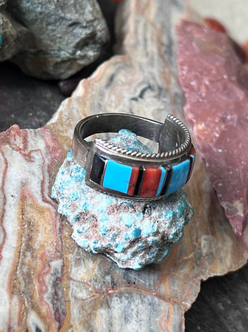 Old Pawn Sterling Silver, Turquoise, Onyx and Coral Raised Channel Inlay Ring by Deidre L Panteah