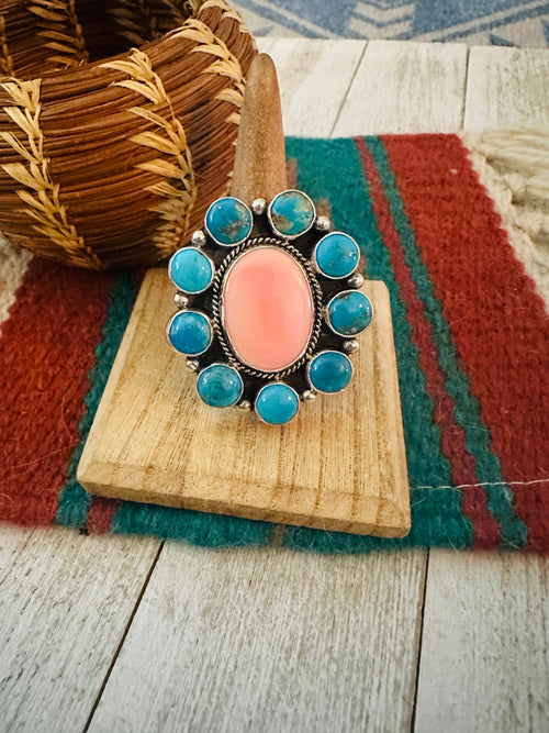 Navajo Sterling Silver, Queen Pink Conch & Turquoise Cluster Adjustable Ring