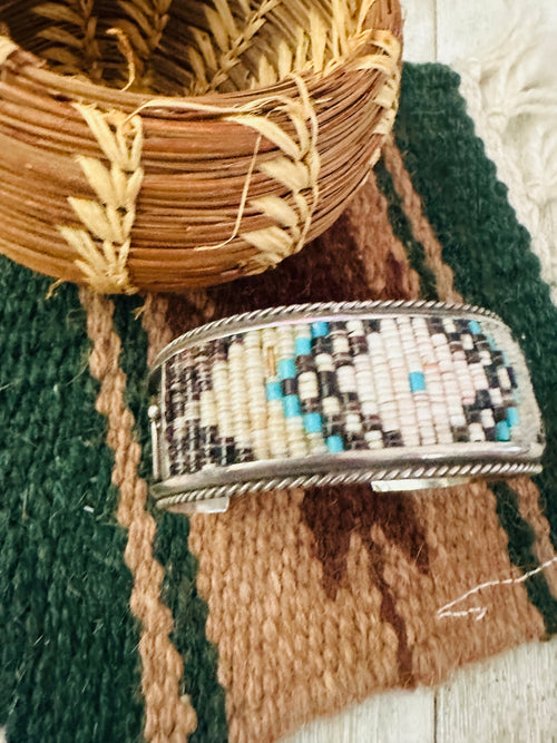 Old Pawn Navajo Sterling Silver & Multi Stone Beaded Cuff Bracelet