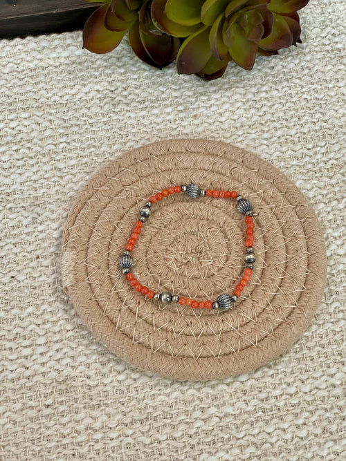 ** 4TH OF JULY ** Handmade Sterling Silver &  Coral Beaded Bracelet with Signed Nizhoni