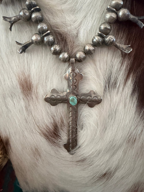 Old Pawn Handcrafted Turquoise & Sterling Silver Cross Squash Blossom Necklace