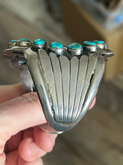 Vintage Cast Sterling Silver and Turquoise Flower Motif Cuff Bracelet