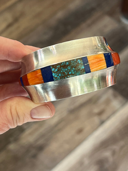 Old Pawn Sterling Silver, Number 8 Turquoise, Lapis, Spiny Oyster and Coral Inlay Cuff Bracelet by Duane Maktima