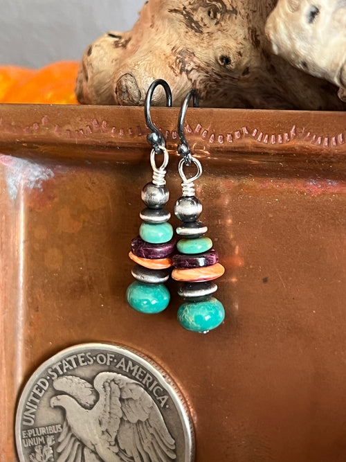 Handcrafted Summer Lovin’ Sterling Silver, Turquoise and Spiny Oyster Beaded Drop Earrings