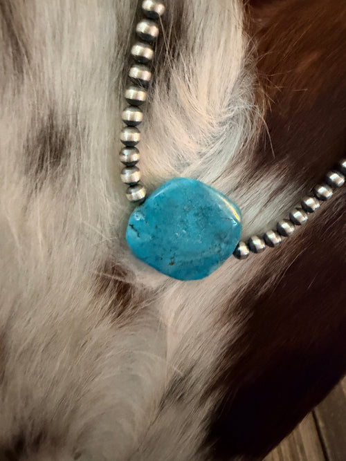 Handcrafted Kingman Turquoise & Sterling Silver Pearl 18” Beaded Necklace