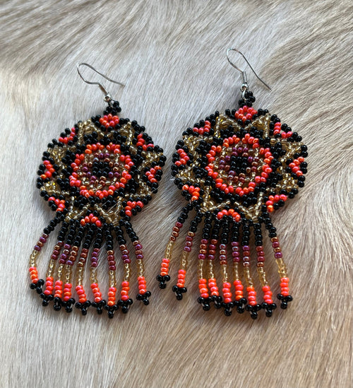 Handmade MultiColor Beaded Dangle Earrings (Black, Orange, & Gold)