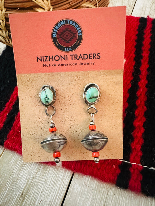 Handcrafted Turquoise, Coral & Sterling Silver Beaded Dangle Earrings