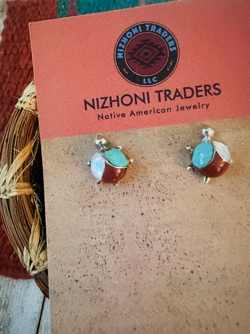 Handcrafted Old Pawn Sterling Silver & Multi Stone Turtle Stud Earrings