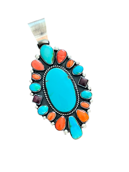Navajo Electric Rainbow Turquoise and Spiny Oyster Pendant by Angela Martin