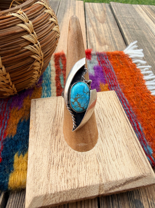 Old Pawn Handcrafted Turquoise & Sterling Silver Ring Size 6