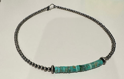 Handmade Sterling Silver & Royston Turquoise 5mm Pearl Beaded Necklace 16” w/ extend