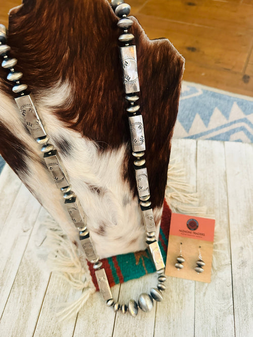 Navajo Hand Stamped Sterling Silver Beaded Necklace & Earring Set