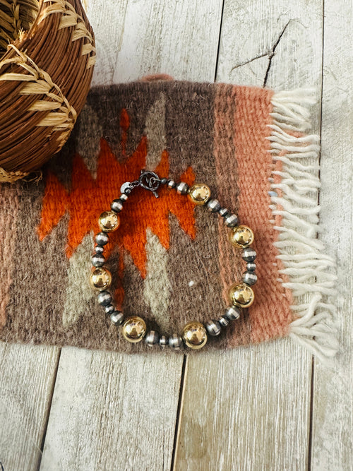 Navajo Gold Filled Sterling & Sterling Silver Pearl Beaded Bracelet