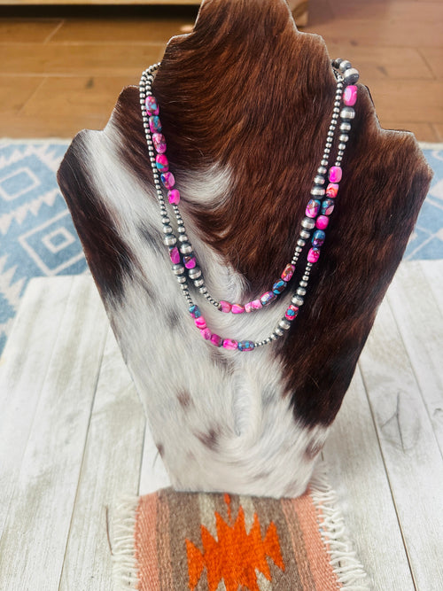 Navajo Sterling Silver & Pink Dream Mojave Beaded 36” Necklace