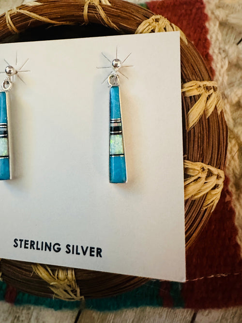 Navajo Sterling Silver & Multi Stone Inlay Dangle Earrings