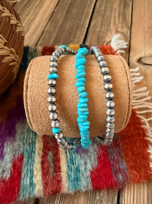 Handcrafted Turquoise & Sterling Silver Triple Strand Beaded Bracelet
