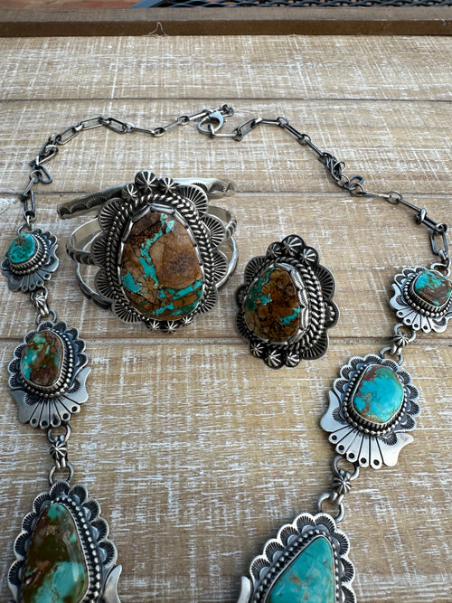 Charles Johnson Navajo Royston Turquoise & Sterling Silver Necklace, Bracelet and Ring  Set Signed