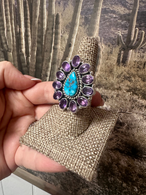 Handmade Sterling Silver, Amethyst, Sonoran Mountain Turquoise Cluster Adjustable Ring