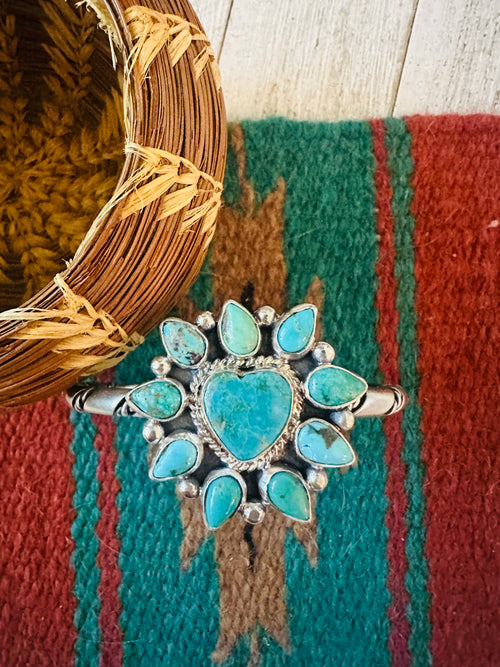 Navajo Turquoise & Sterling Silver Heart Cluster Cuff Bracelet