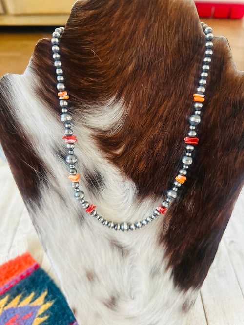 Navajo Sterling Silver & Spiny Oyster Beaded 18” Necklace