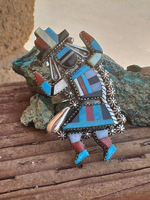 Old Pawn Zuni Sterling Silver and Multi Stone Kachina Ring Size 10