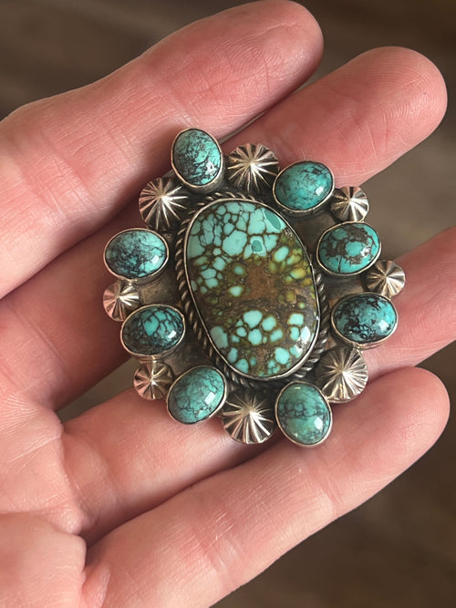 Apache Sterling Silver and Hubei Turquoise Cluster Ring by Rosella Paxson, Size 8.75